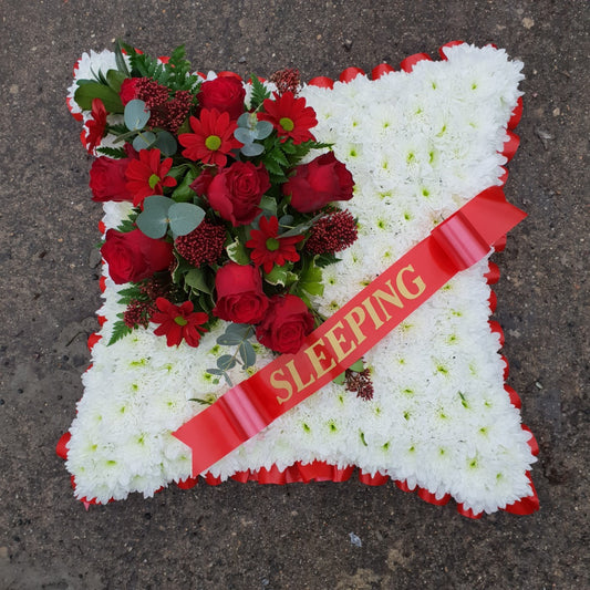 Red Sleeping Floral Cushion Funeral Tribute